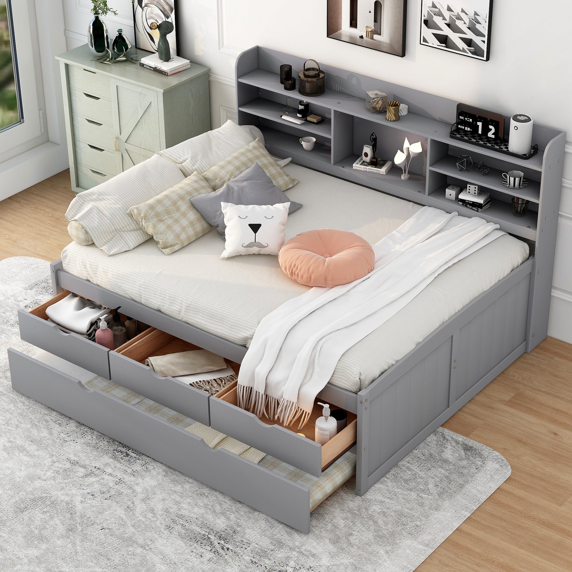 Full Size Wooden Captain Bed with Built-in Bookshelves,Three Storage Drawers and Trundle,Light Grey - Atlantic Fine Furniture Melbourne FL
