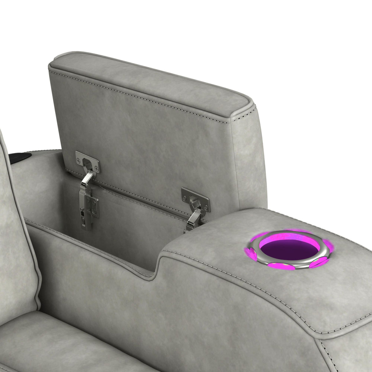Prime Time P3 Sofa With Ddt, 3.0 Table, 7 Colors (Led And Cup Holders), Reading Light, Vibration, Speaker, And Heat Massage in Leather Gel Light Gray by Elements International, view 8