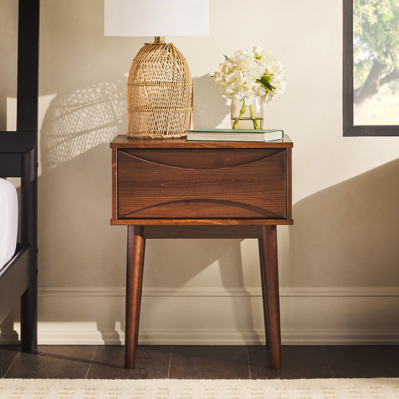 Mid-Century Modern 1 Drawer Solid Wood Nightstand - Walnut