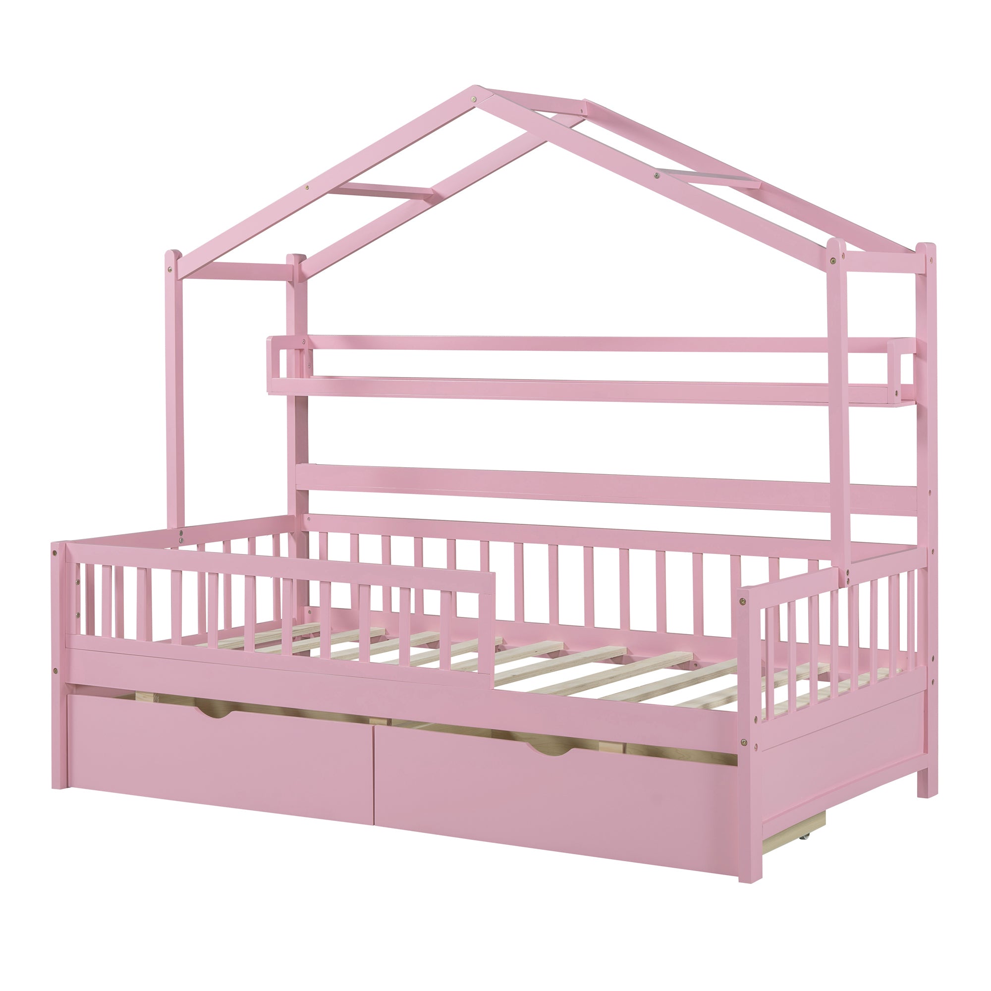Wooden Twin Size House Bed with 2 Drawers,Kids Bed with Storage Shelf, Pink - Atlantic Fine Furniture Melbourne FL