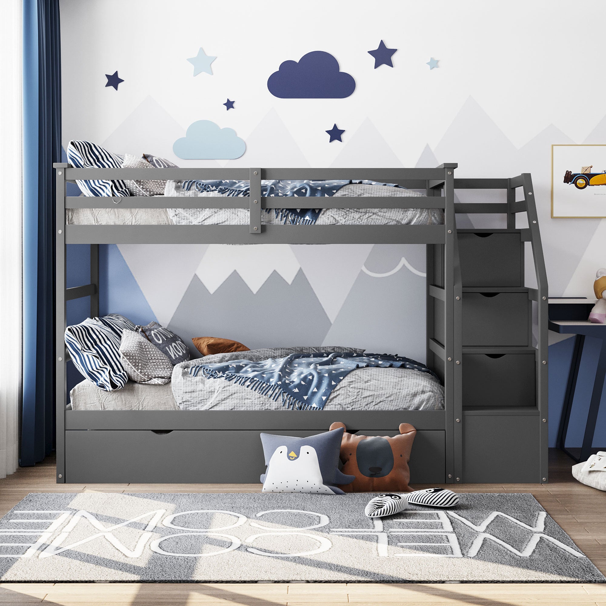 Twin-Over-Twin Bunk Bed with Twin Size Trundle and 3 Storage Stairs,Gray (OLD SKU :LP000064AAE) - Atlantic Fine Furniture Melbourne FL