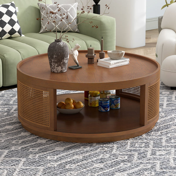 Round Cane Coffee Table With Rattan Side