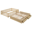 Daybed With Fence Guardrails And 2 Drawers, Split Into Independent Floor Bed & Daybed