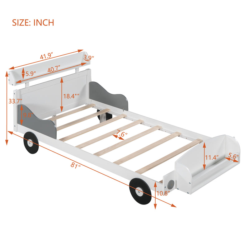 Twin Size Car-Shaped Platform Bed,Twin Bed with Storage Shelf for Bedroom,White