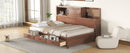 Full Size Wooden Daybed with 3 Storage Drawers, Upper Soft Board, shelf, and a set of Sockets and USB Ports, Brown