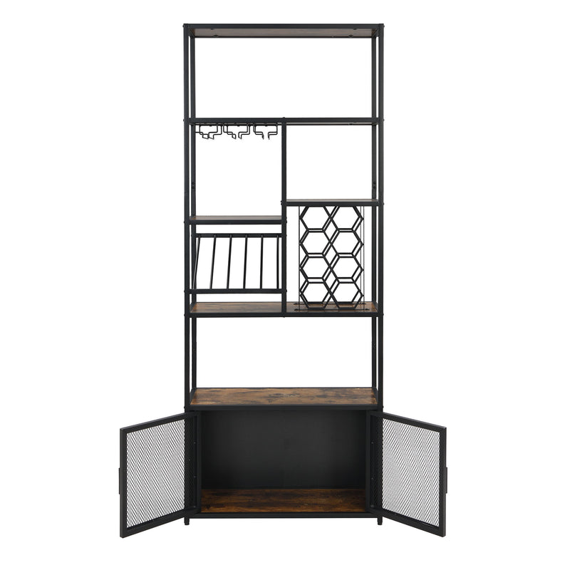 82.7" Industrial Standing Wine Rack With Glass Rack Tall Freestanding Floor Bar Cabinet - Walnut / Black