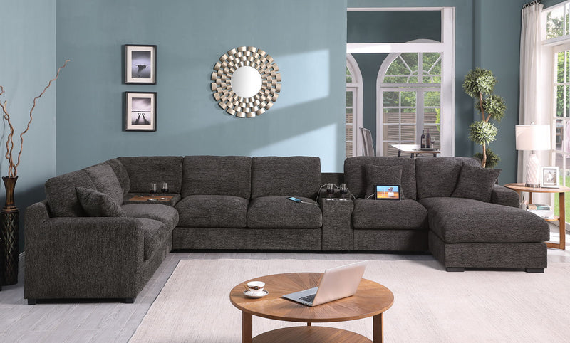 Celine - Chenille Fabric Corner Sectional Sofa With Right-Facing Chaise, Cupholders, And Charging Ports - Gray