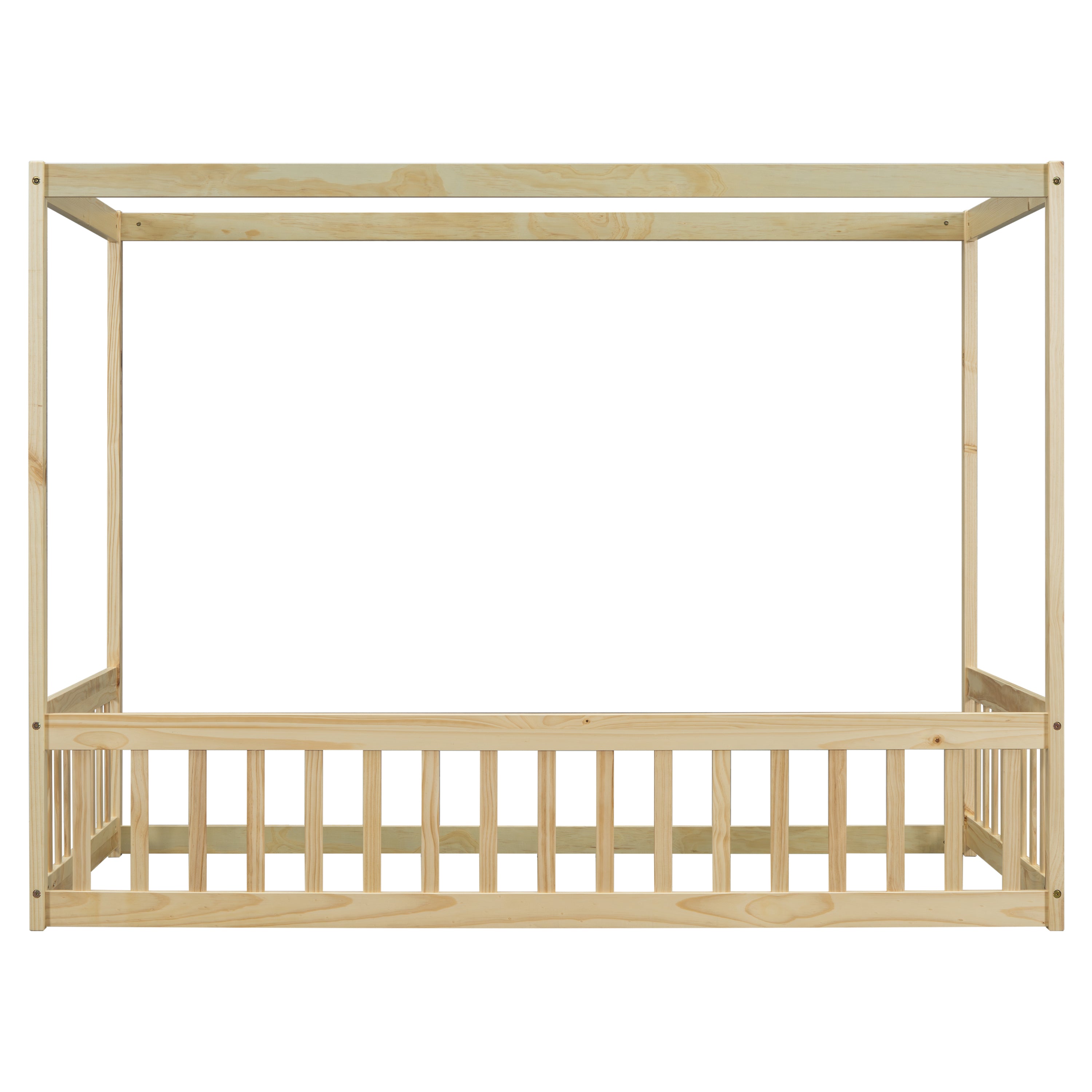Twin Size Canopy Frame Floor Bed with Fence, Guardrails,Natural