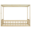 Twin Size Canopy Frame Floor Bed with Fence, Guardrails,Natural
