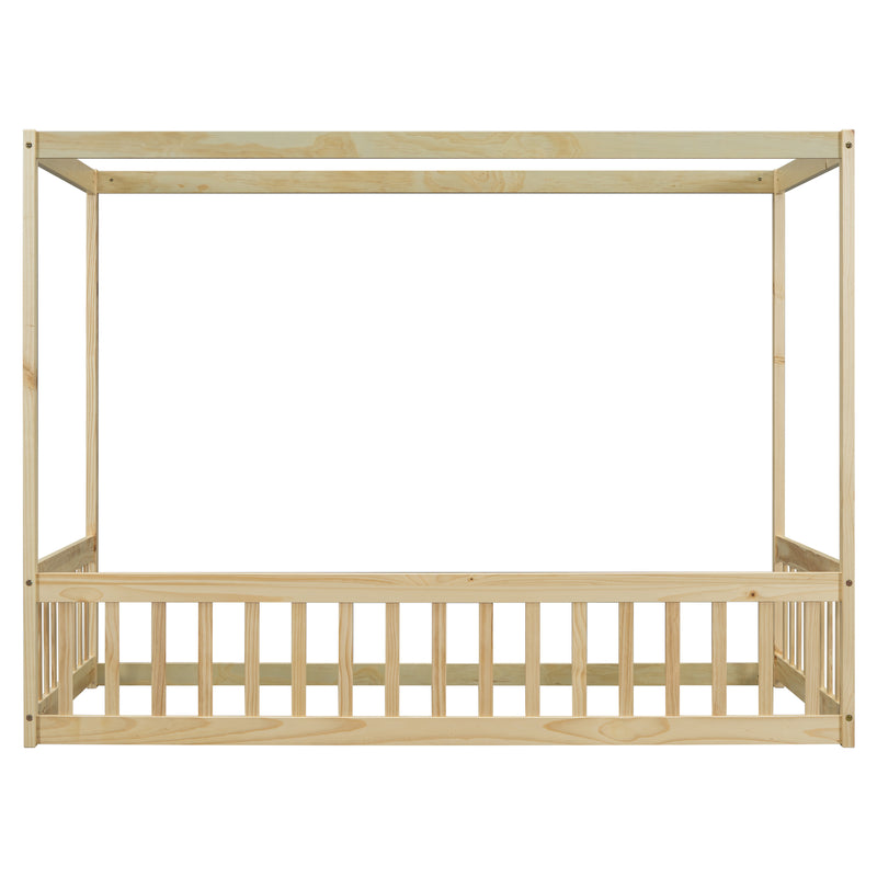 Twin Size Canopy Frame Floor Bed with Fence, Guardrails,Natural