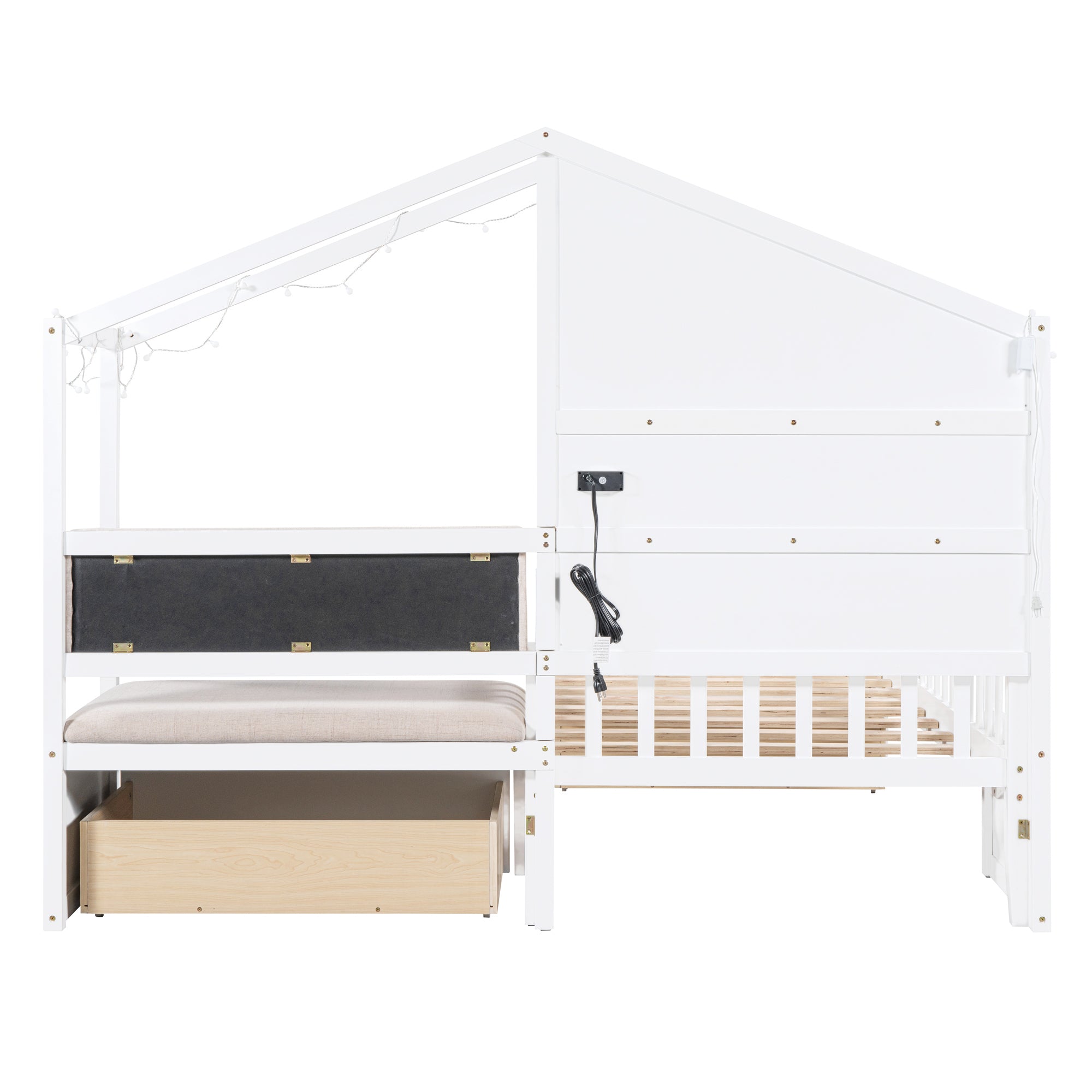 Twin Size House Bed with Upholstered Sofa, House Bed with Charging Station, Wireless Charging, Shelves and Two Drawers, White - Atlantic Fine Furniture Melbourne FL