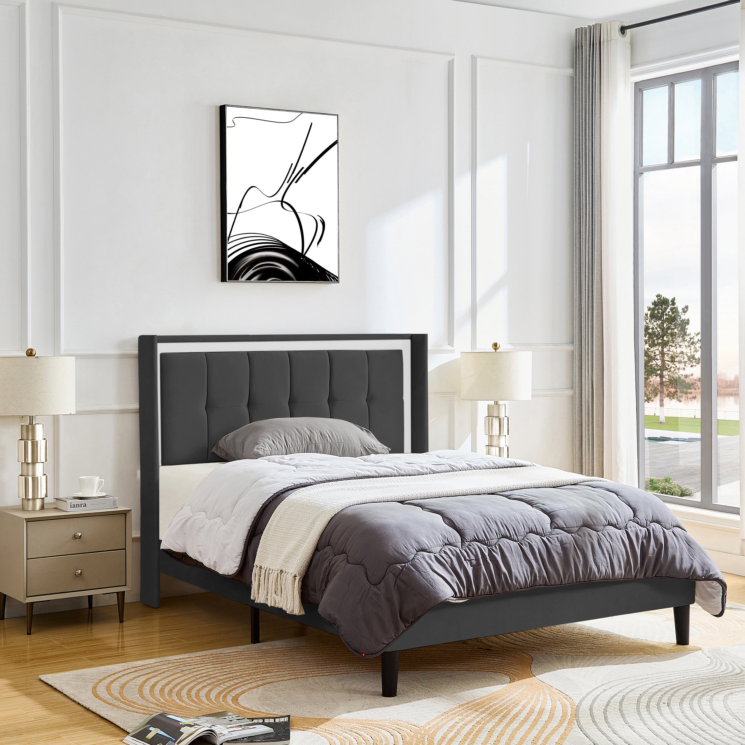 Queen Size Upholstered platform bed frame with headboard and sturdy wooden slats, high load-bearing capacity, non-slip and noiseless, no springs required, easy to assemble, dark gray bed - Atlantic Fine Furniture Melbourne FL