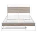 Full Size Metal Platform Bed Frame with Trundle, USB Ports and Slat Support ,No Box Spring Needed White