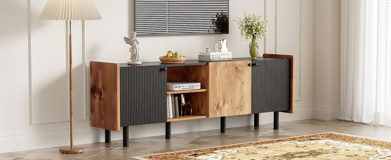 Mid Century TV Stand With 3 Cabinets, Media Console Table For Tvs Up To 70'', Entertainment Center With Storage For Living Room - Black / Brown