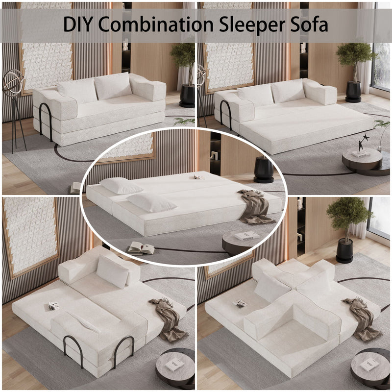 Convertible Couch Bed With 2 Pillows, 3 Seat Folding Floor Couch & King Size Bed Mattress, Diy Combination - Beige