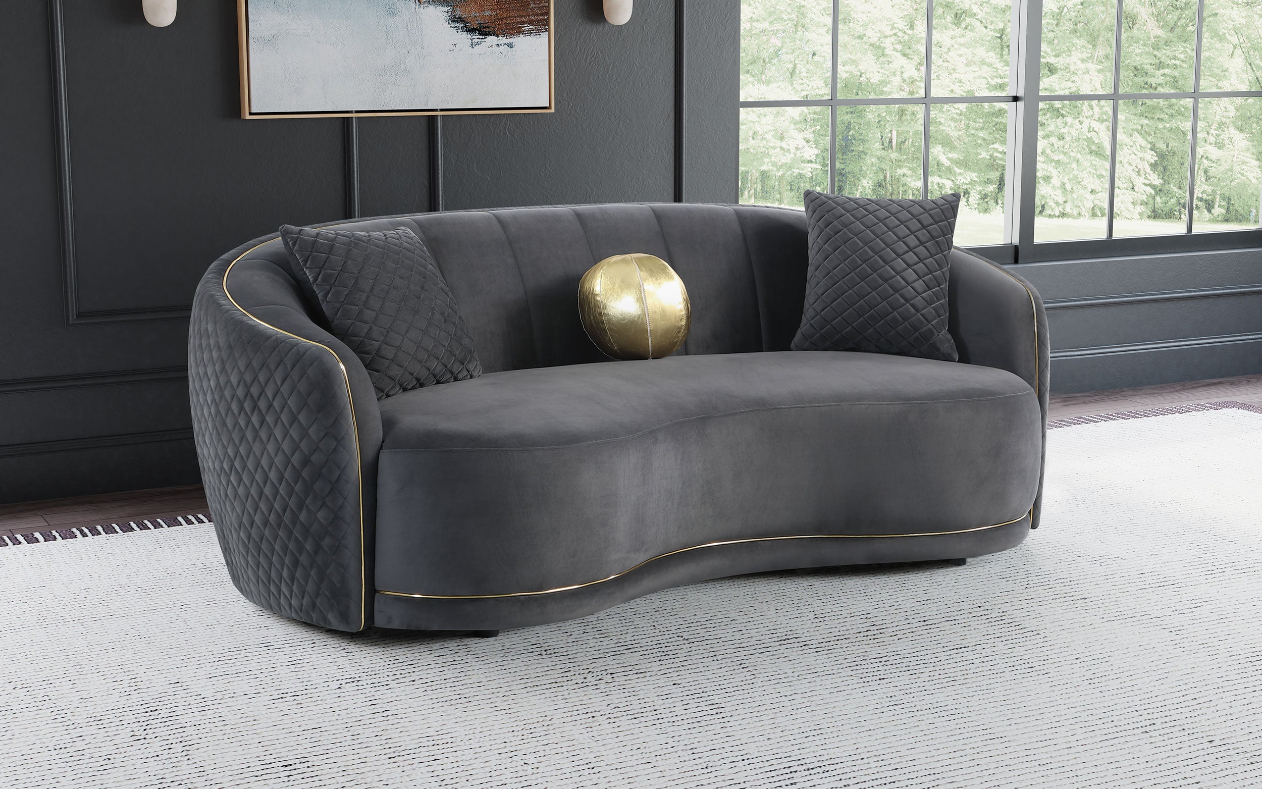 Brookside Velvet Upholstered Curved Sofa Dark Grey — view 2