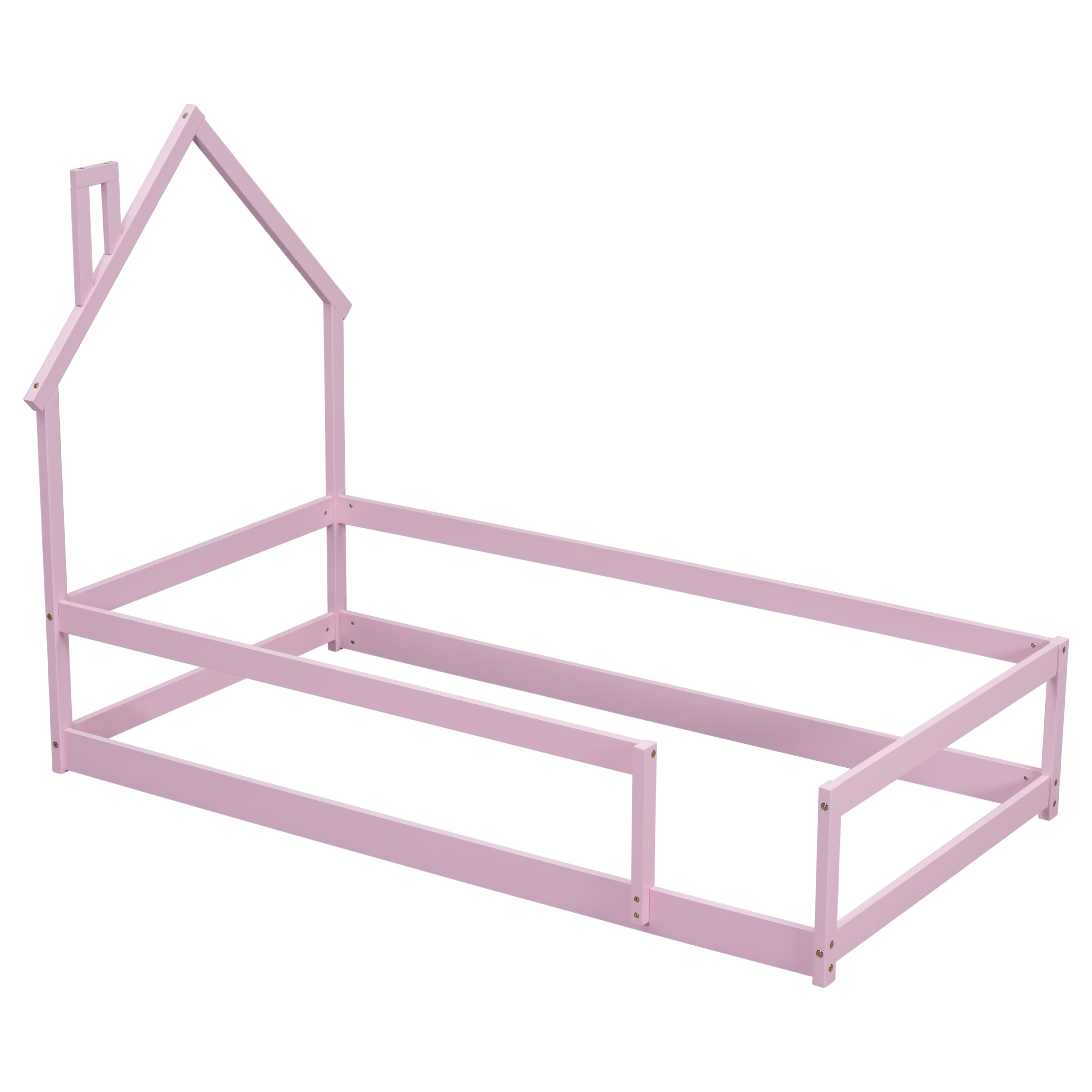 Twin Size Wood bed with House-shaped Headboard Floor bed with Fences,Pink