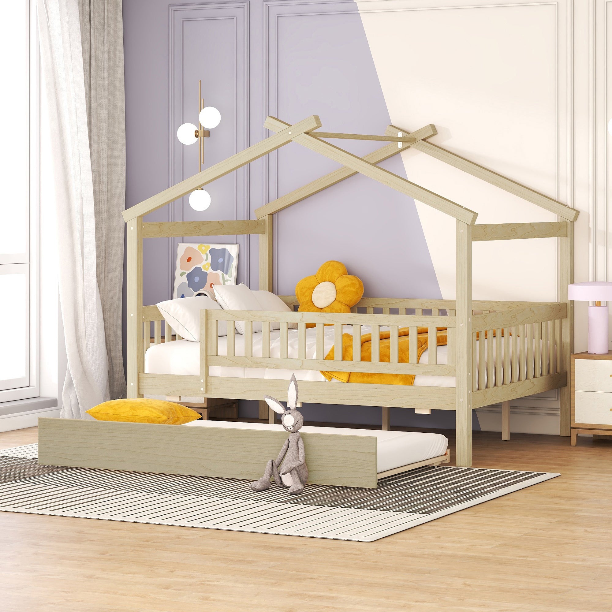 Full Size Wooden House Bed with Twin Size Trundle, Natural - Atlantic Fine Furniture Melbourne FL