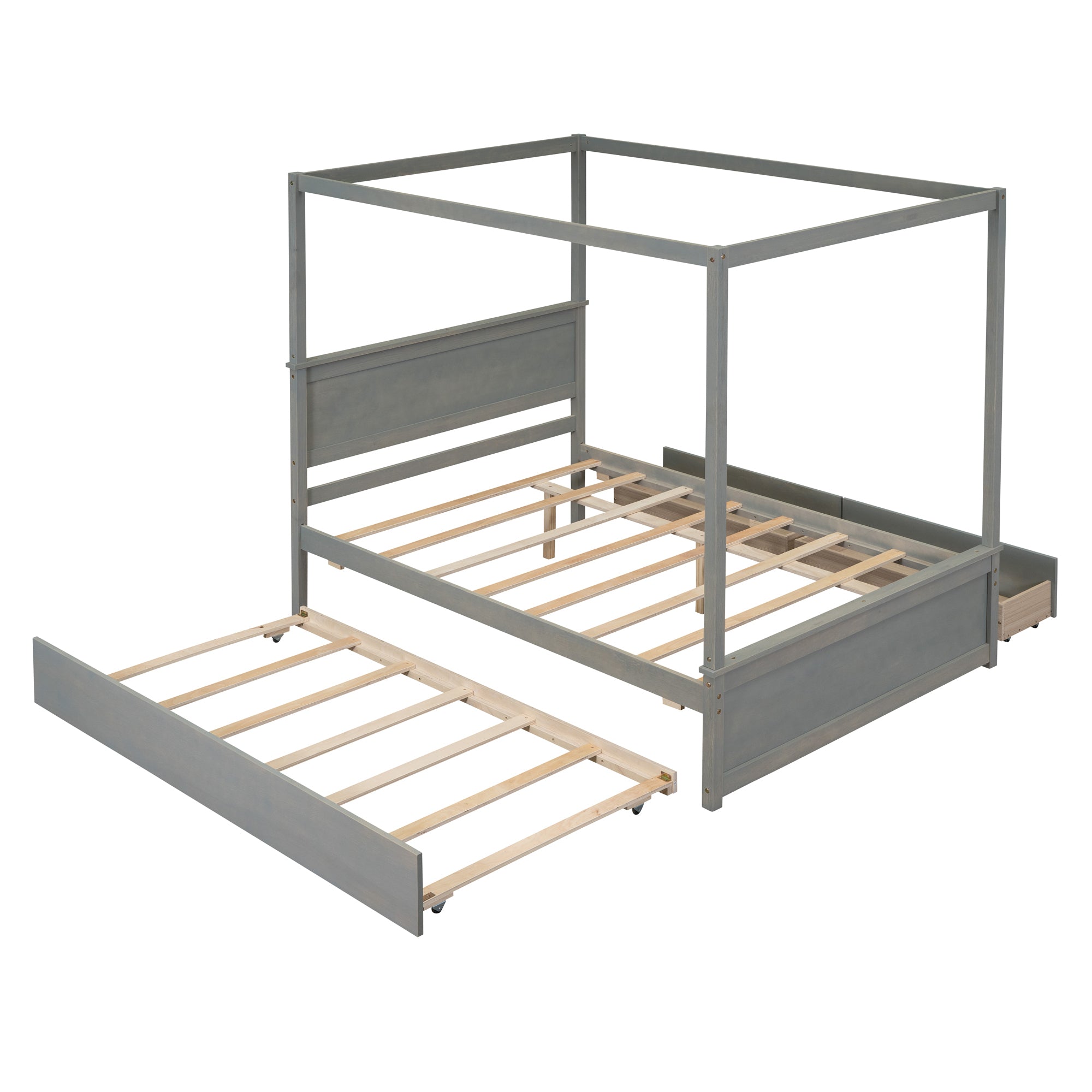 Wood Canopy Bed with Trundle Bed and two Drawers ,Full Size Canopy Platform bed With Support Slats .No Box Spring Needed, Brushed Gray - Atlantic Fine Furniture Melbourne FL