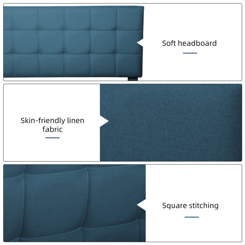 Queen Size Upholstered Platform Bed Linen Bed Frame with Lights Square Stitched Adjustable Headboard Strong Bed Slats System No Box Spring Needed Blue