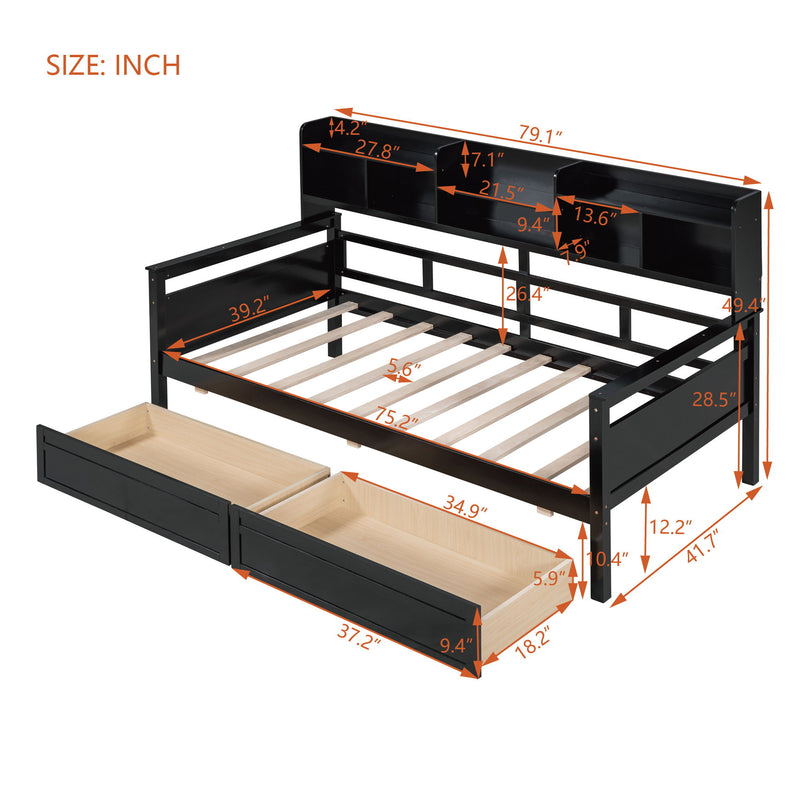 Daybed, Wood Slat Support, With Bedside Shelves And Two Drawers