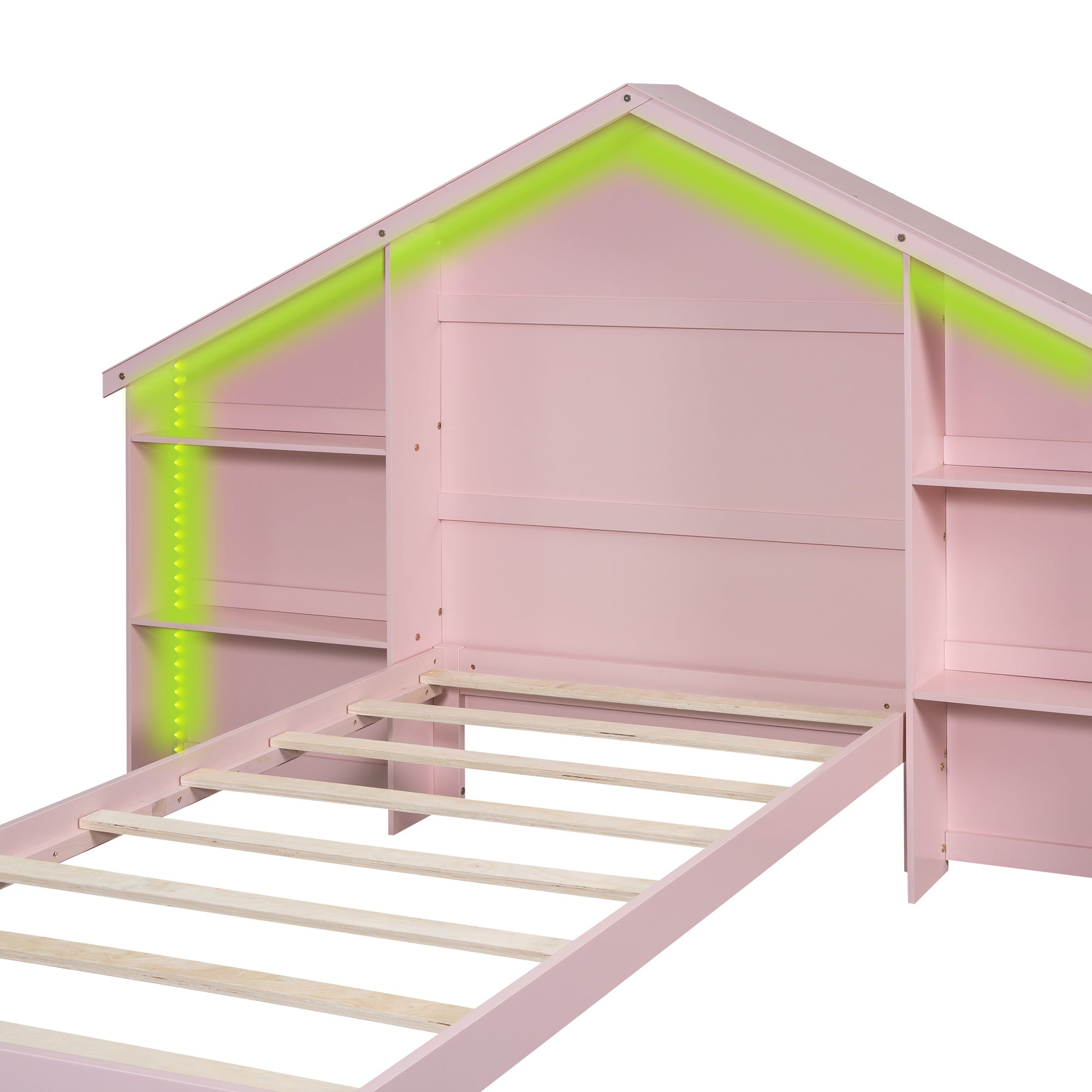 Wood Twin Size Platform Bed with House-shaped Storage Headboard and Built-in LED, Pink - Atlantic Fine Furniture Melbourne FL