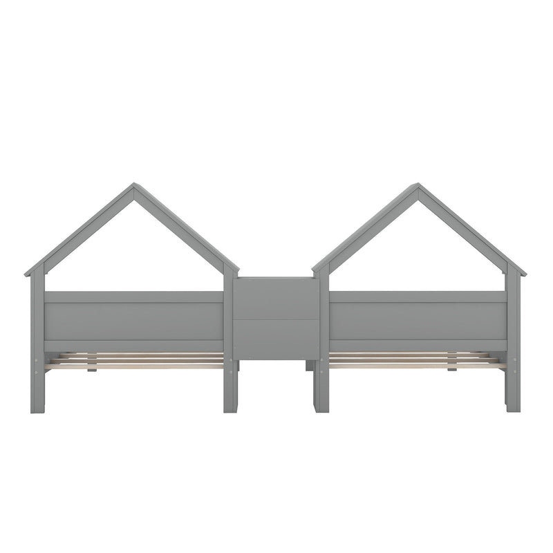 Double Platform Bed With House Shaped Headboard And Built In Nightstand