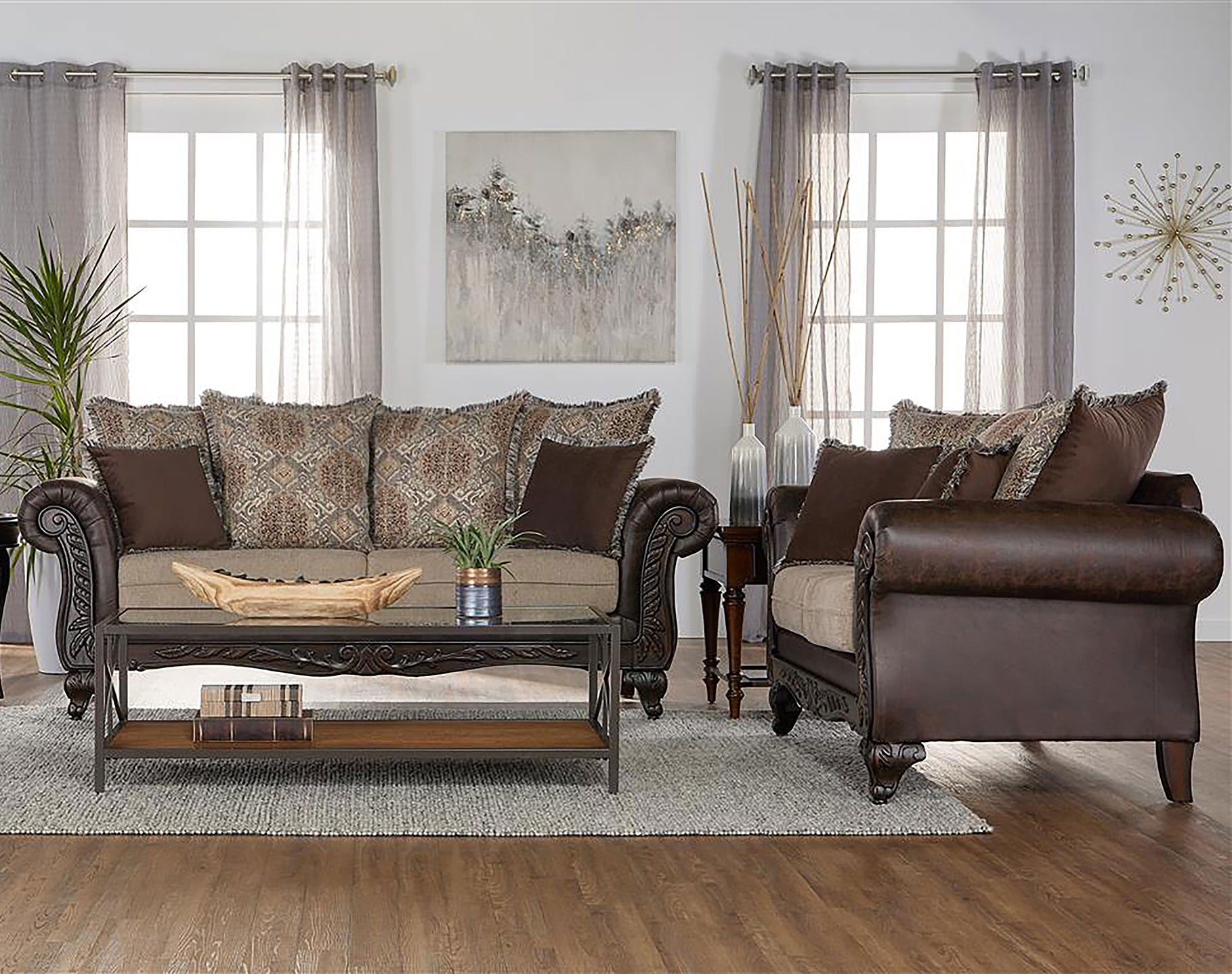 Elmbrook 2-piece Upholstered Rolled Arm Sofa Set Brown — view 1