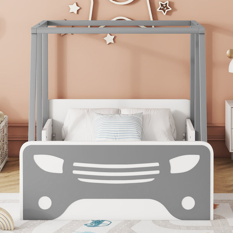 Twin Size Car-shaped Bed with Roof,Wooden Twin Floor Bed with wheels and door Design,Montessori Inspired Bedroom,Grey