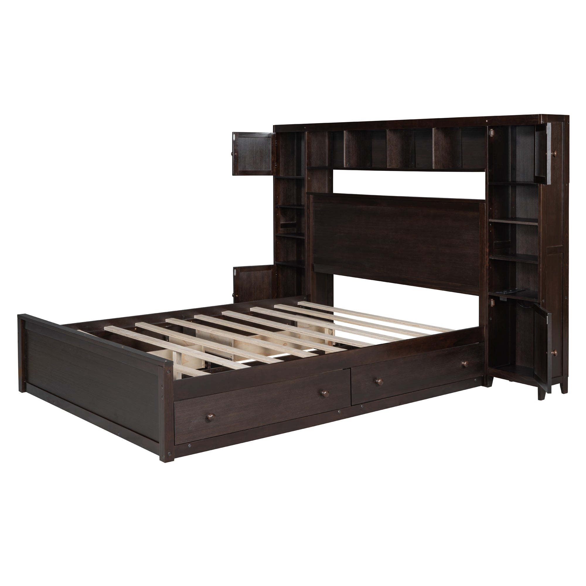Queen Size Wooden Bed With All-in-One Cabinet, Shelf and Sockets, Espresso - Atlantic Fine Furniture Melbourne FL