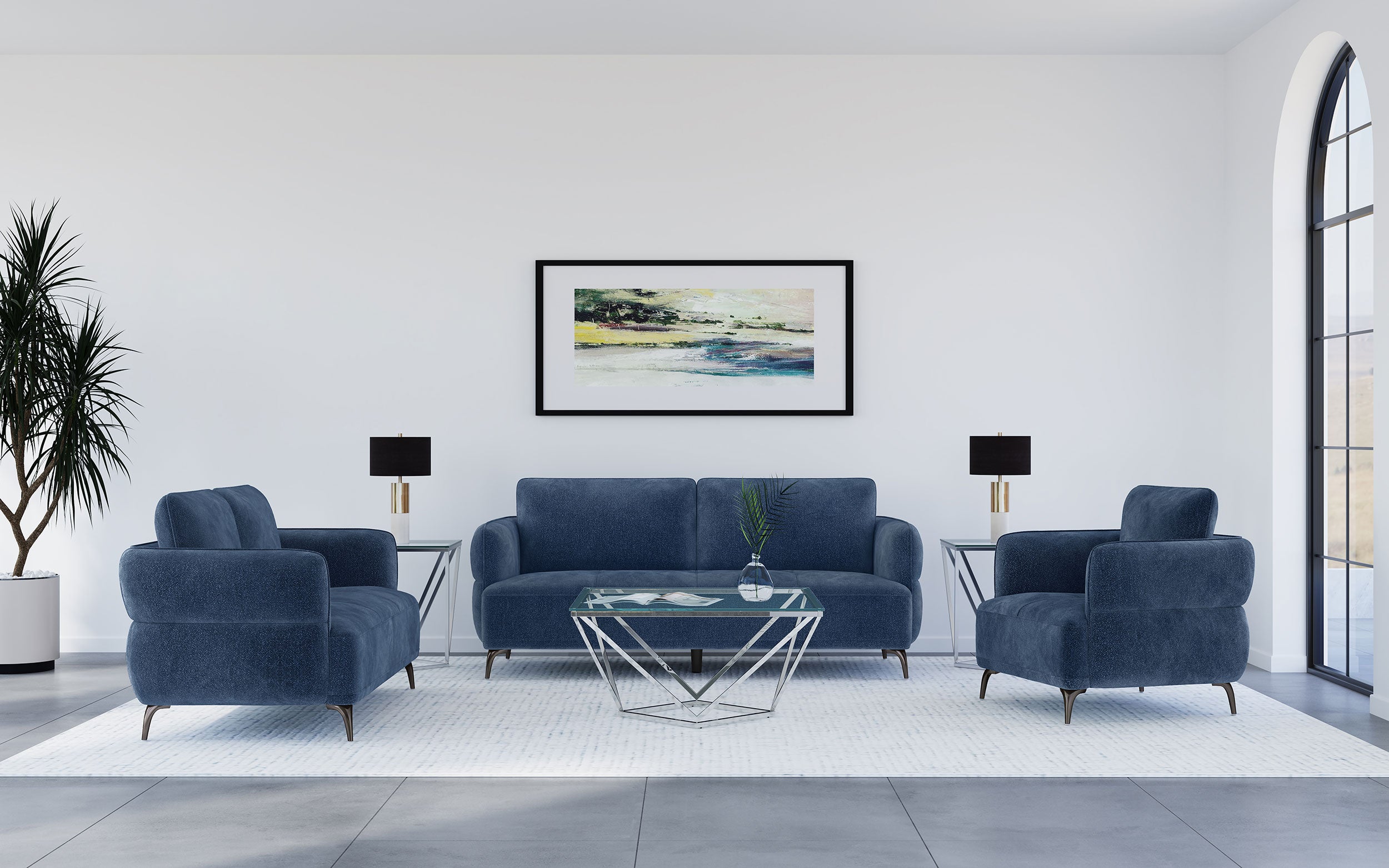 Lively Chenille Upholstered Modern Track Arm Chair Blue — view 11