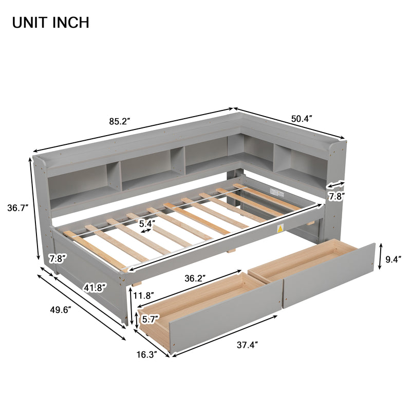 Twin Bed with L-shaped Bookcases,Drawers,Grey