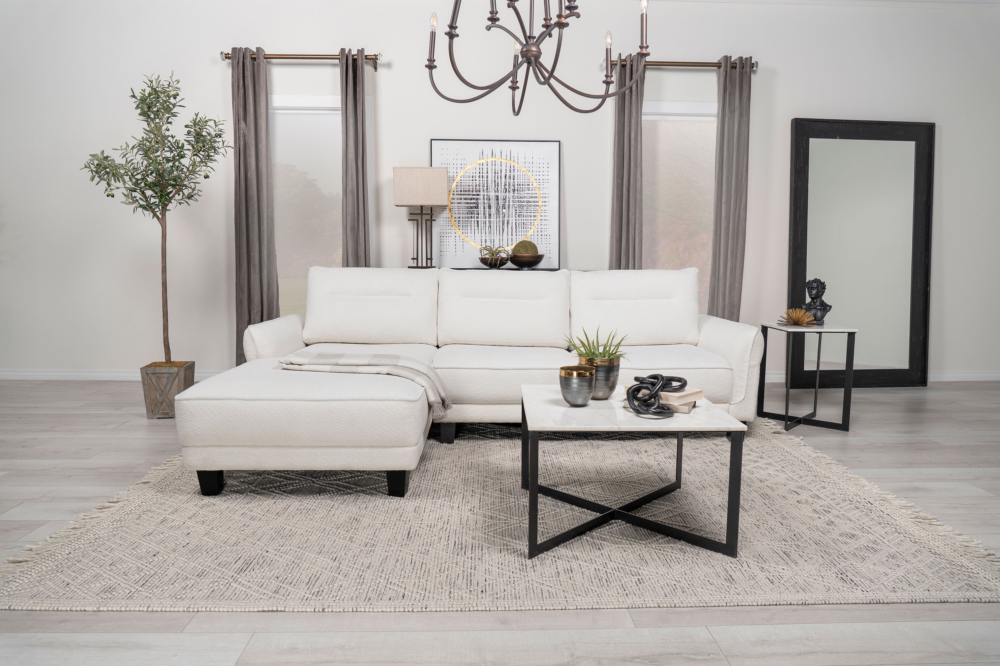 Caspian Upholstered Curved Arm Chaise Sectional Sofa White — view 2