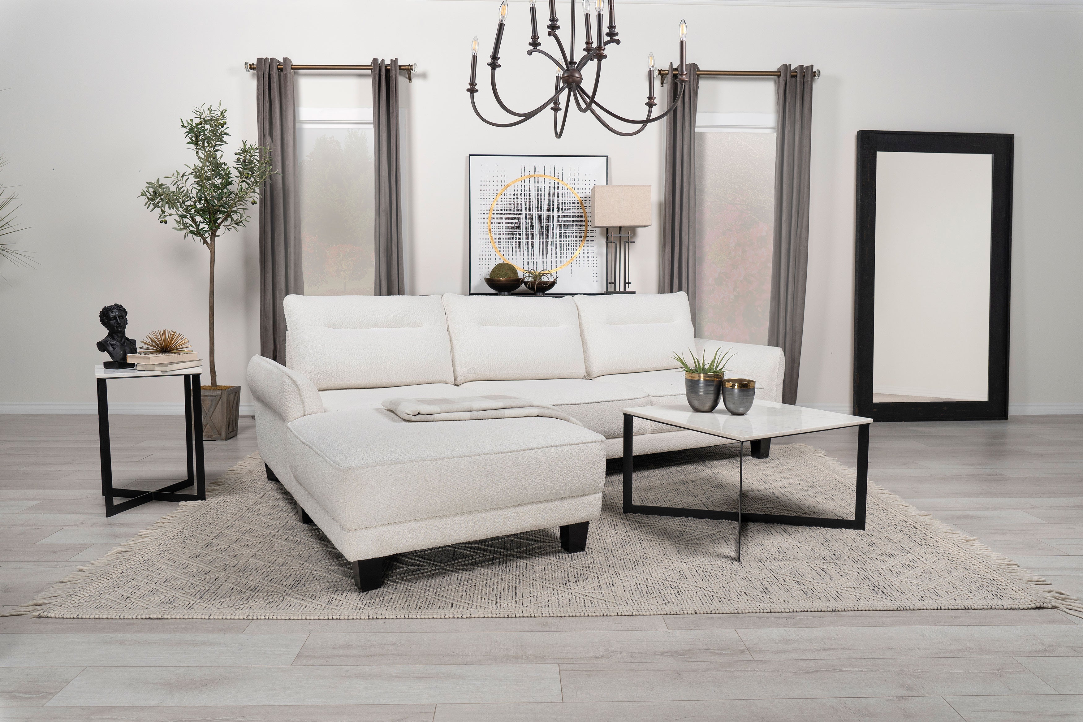 Caspian Upholstered Curved Arm Chaise Sectional Sofa White — view 20