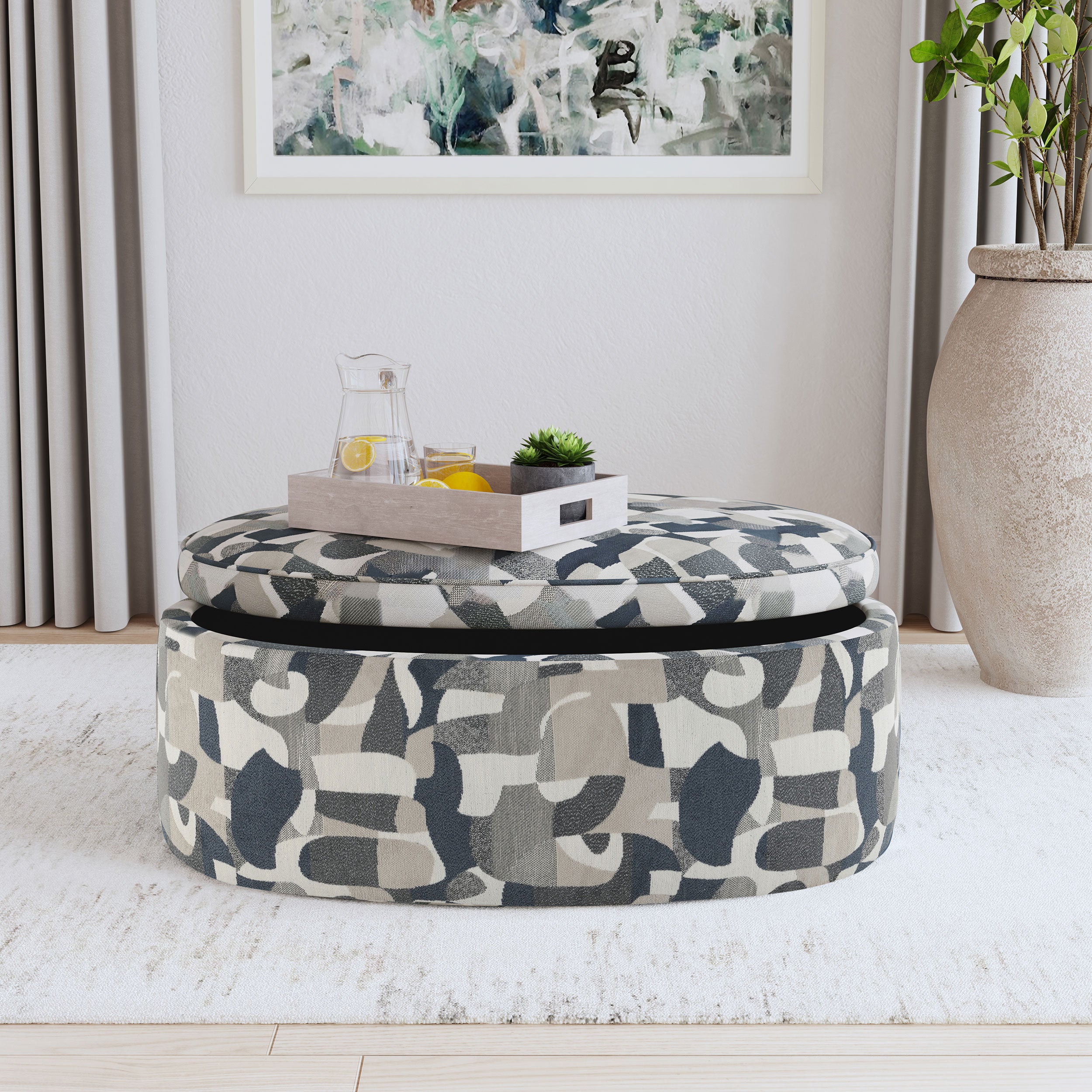 Tomkins Oval Upholstered Storage Ottoman Indigo Blue — view 3