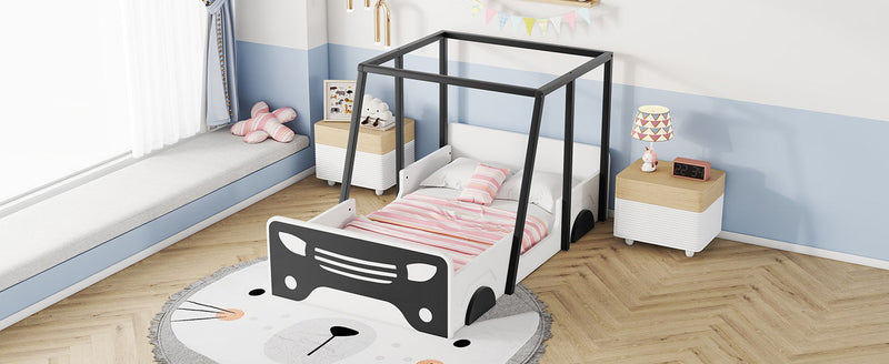 Twin Size Car-Shaped Bed With Roof, Wooden Twin Floor Bed With Wheels And Door Design, Montessori Inspired Bedroom