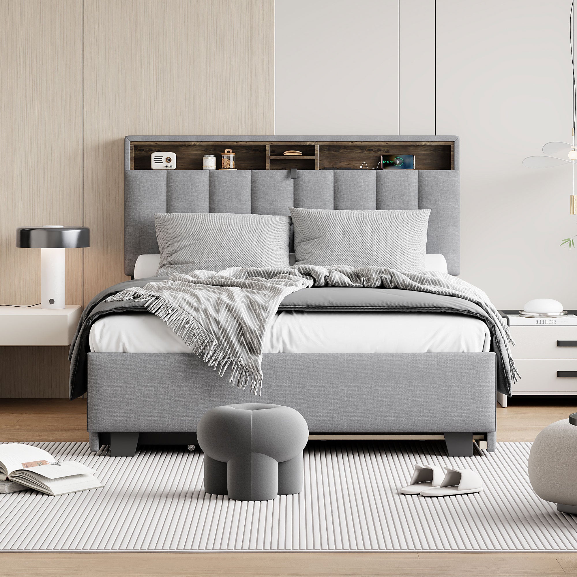 Full size Upholstered Platform Bed with Storage Headboard, Twin Size Trundle & 2 drawers and a set of Sockets & USB Ports, Linen Fabric, Gray - Atlantic Fine Furniture Melbourne FL