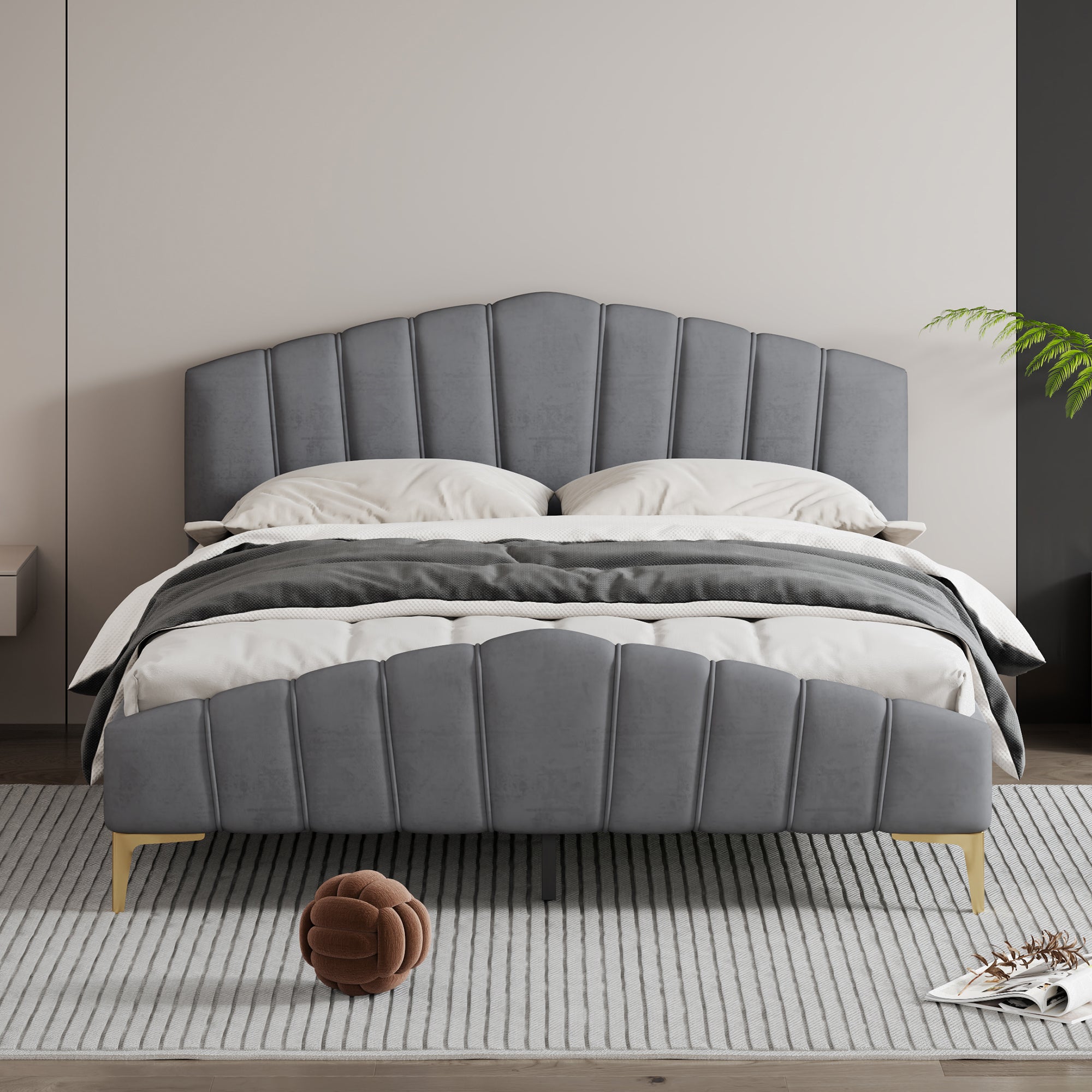 Queen Size Velvet Platform Bed with Thick Fabric, Stylish Stripe Decorated Bedboard and Elegant Metal Bed Leg, Gray - Atlantic Fine Furniture Melbourne FL