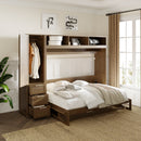 Full Size Murphy Bed With Wardrobe, Drawers, And Open Shelves - Wood