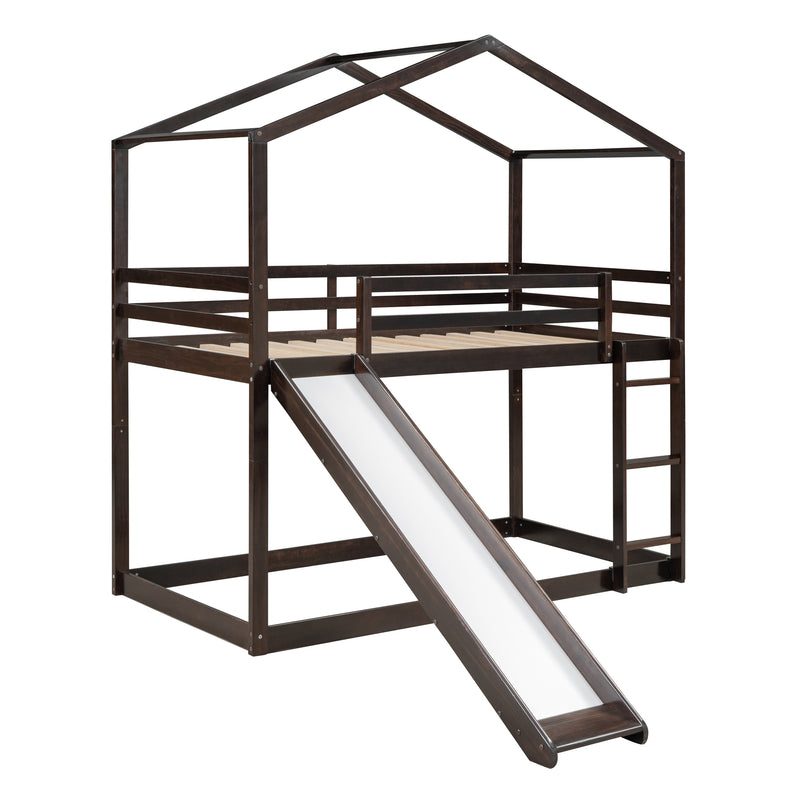 Twin Over Twin Bunk Bed with Roof, Slide and Ladder, Espresso