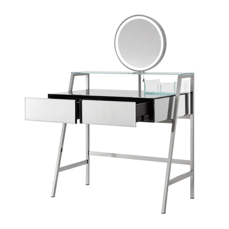33.9" Mirrored Makeup Vanity Desk With Mirror And Lights, Mirrored Console Vanity Table With 2 Big Drawers & Open Shelf, Dressing Table With Charging Station For Bedroom - Silver