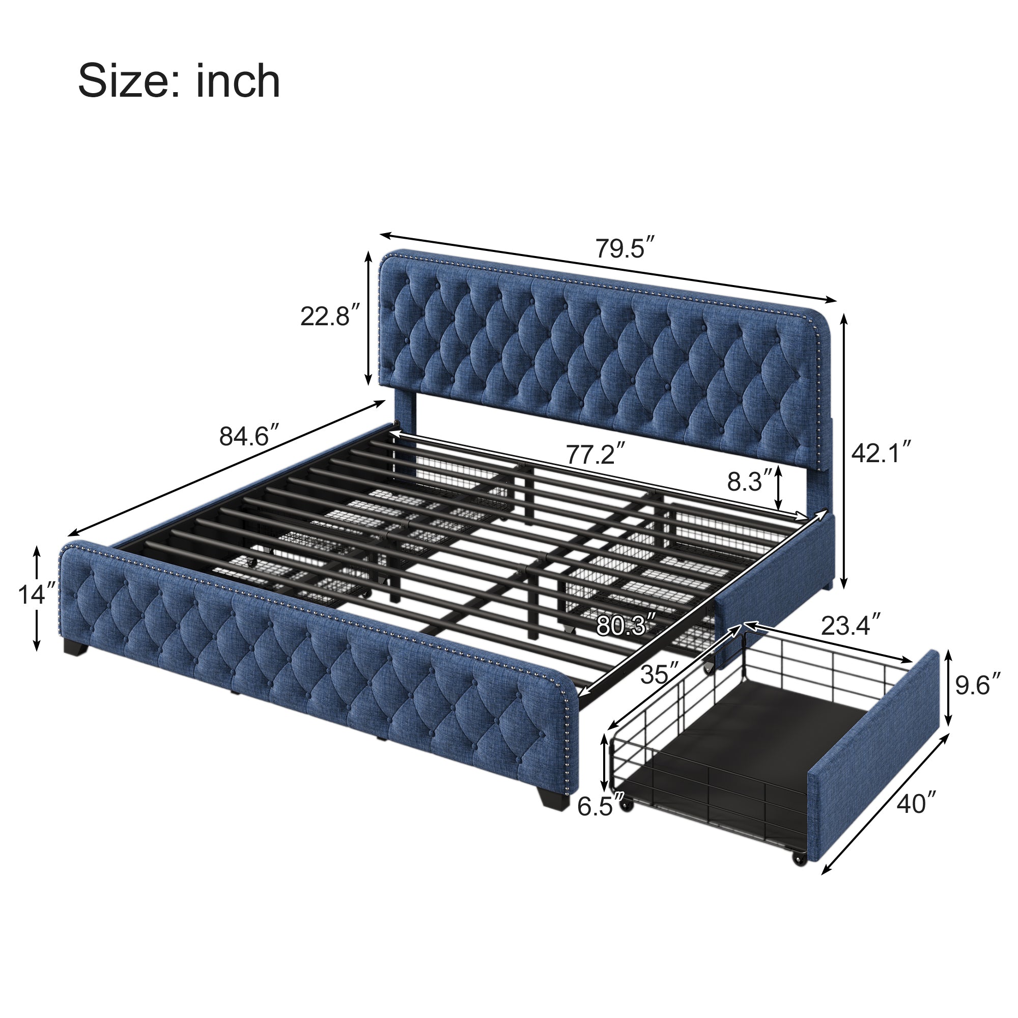 Upholstered Platform Bed Frame with Four Drawers, Button Tufted Headboard and Footboard Sturdy Metal Support, No Box Spring Required, Blue, King (Old sku: BS300277AAC) - Atlantic Fine Furniture Melbourne FL