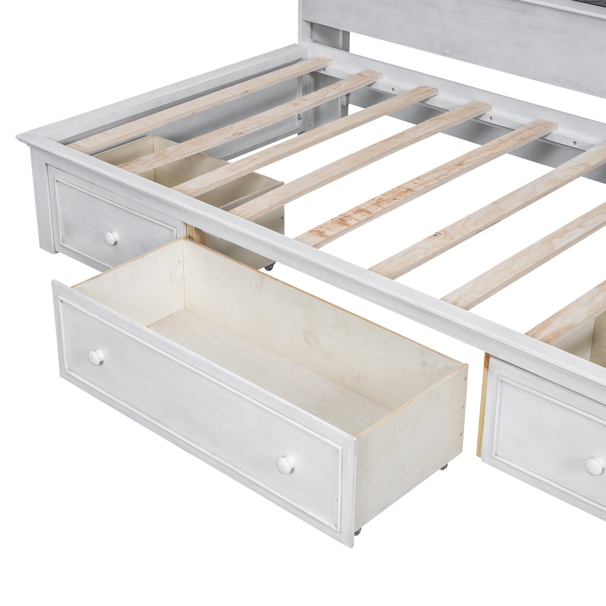 Twin Size Wood Daybed with Multi-Storage Shelves, Charging Station and 3 Drawers, Antique White - Atlantic Fine Furniture Melbourne FL
