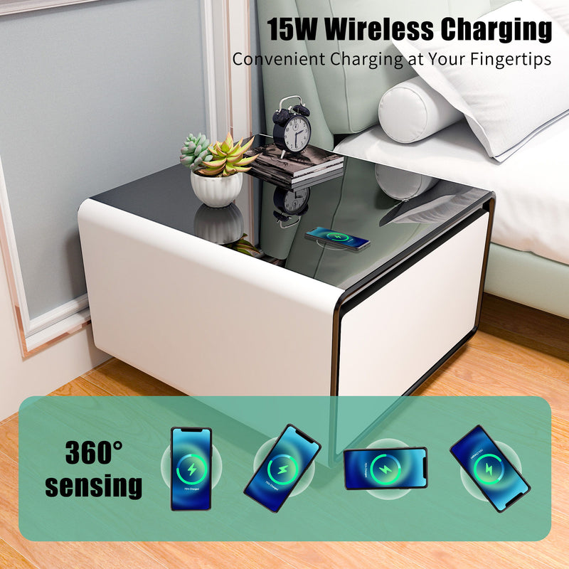 Modern Smart Side Table With Built-In Fridge, Wireless Charging, Temperature Control, Power Socket, USB Ports, Outlet Protection, Induction Light