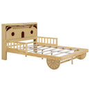 Full Size Car Bed with Bear-Shaped Headboard, USB and LED, Natural