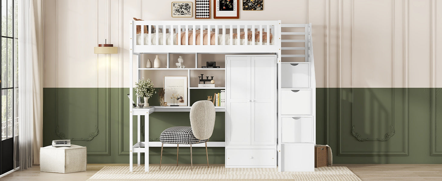 Twin size Loft Bed with Bookshelf,Drawers,Desk,and Wardrobe-White - Atlantic Fine Furniture Melbourne FL