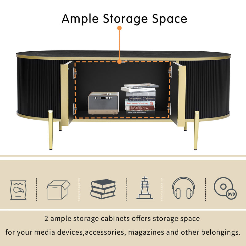 Modern Luxury Oval Shaped Fluted Coffee Table, Marble - Patterned Top Coffee Table With 2 Cabinets, Metal Legs And Handles For Living Room