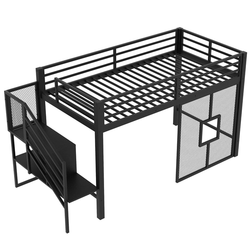 Twin Low Loft Bed Frame With Storage Staircase - Black