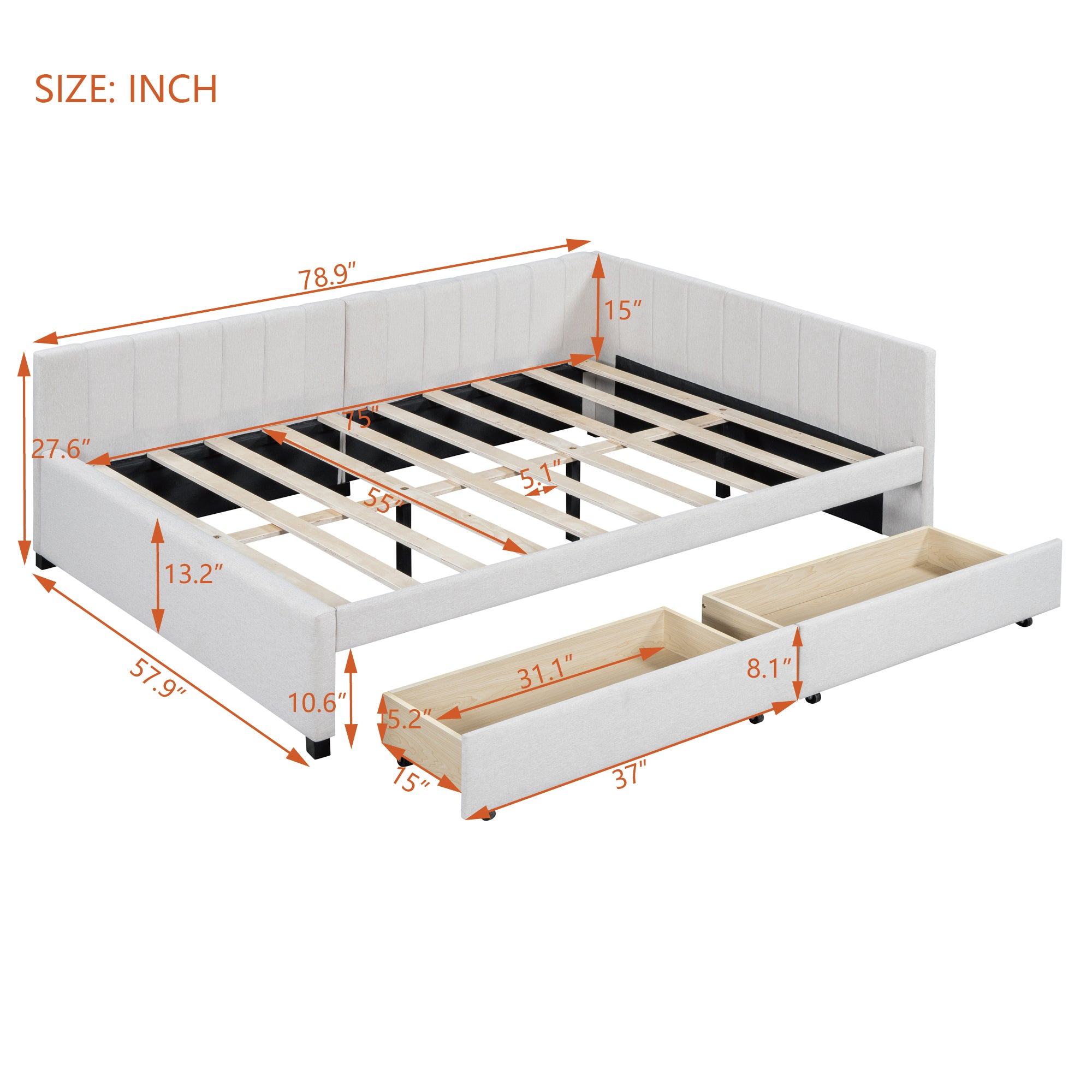 Full Size Upholstered Daybed with 2 Storage Drawers Sofa Bed Frame No Box Spring Needed, Linen Fabric (Beige) - Atlantic Fine Furniture Melbourne FL