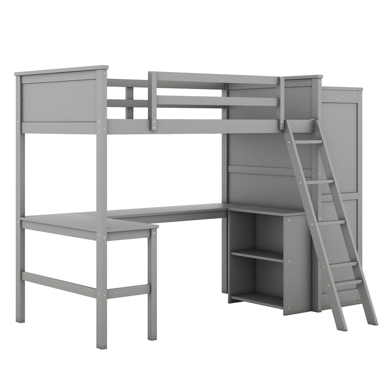 Twin Size Loft Bed With Desk, Shelves And Wardrobe - Gray